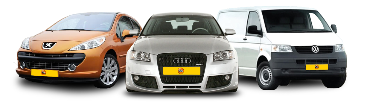 Drie occasions van Vredemans naast elkaar: een Peugeot, een Audi en een Volkswagen Transporter